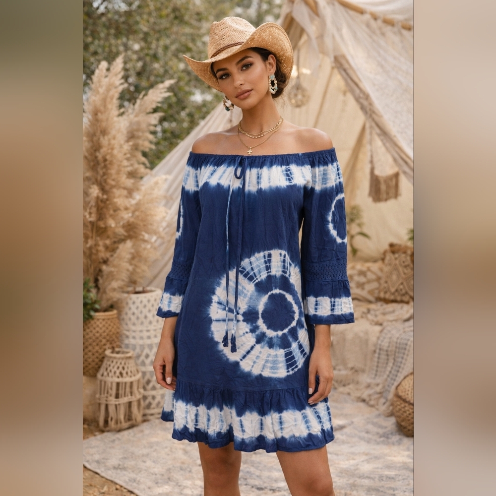 Off-Shoulder Navy Tie-Dye Boho Dress